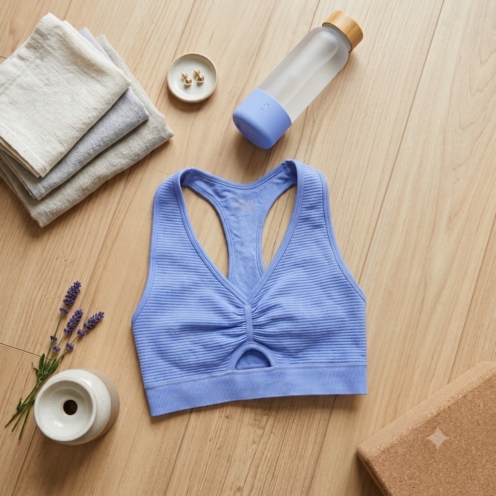 Aerie OFFLINE Seamless Ribbed Keyhole Sports Bra Blue Racerback Medium Support S
